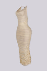 Halter mesh ruched midi dress featuring accent metal detailing at back
