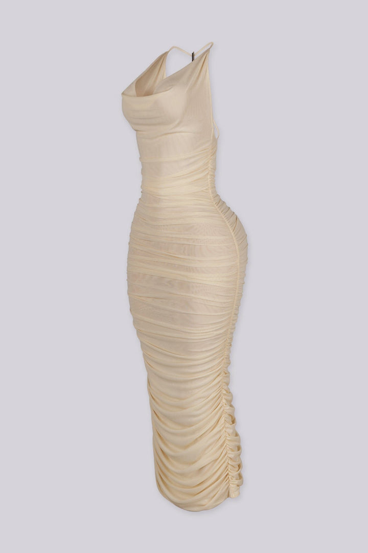 Halter mesh ruched midi dress featuring accent metal detailing at back