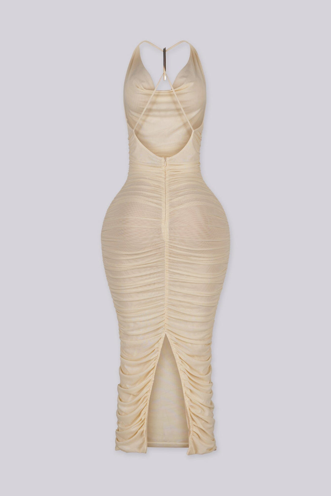 Halter mesh ruched midi dress featuring accent metal detailing at back