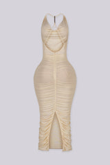 Halter mesh ruched midi dress featuring accent metal detailing at back