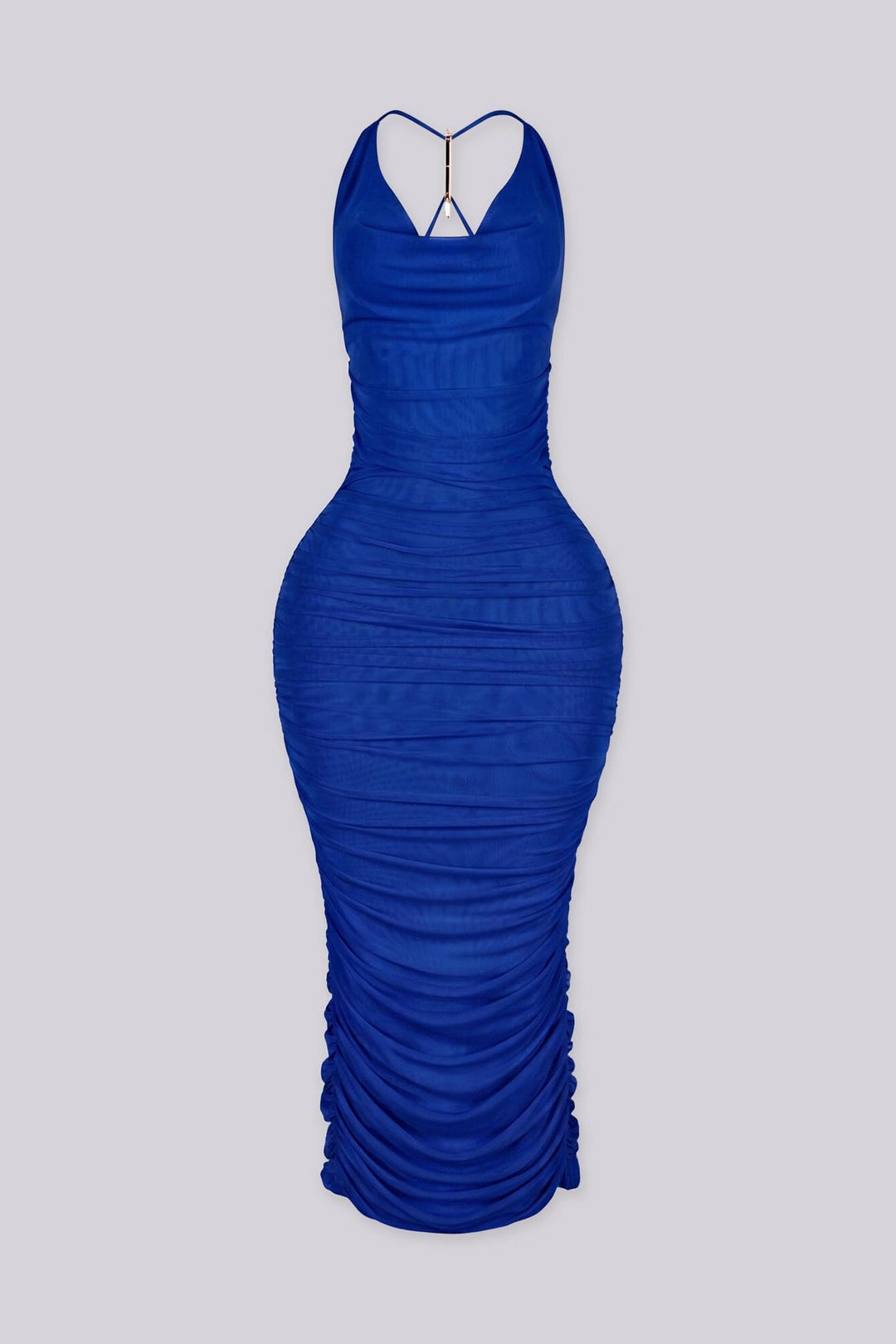 Halter mesh ruched midi dress featuring accent metal detailing at back