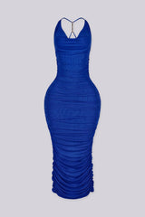 Halter mesh ruched midi dress featuring accent metal detailing at back