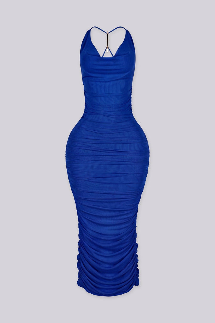 Halter mesh ruched midi dress featuring accent metal detailing at back