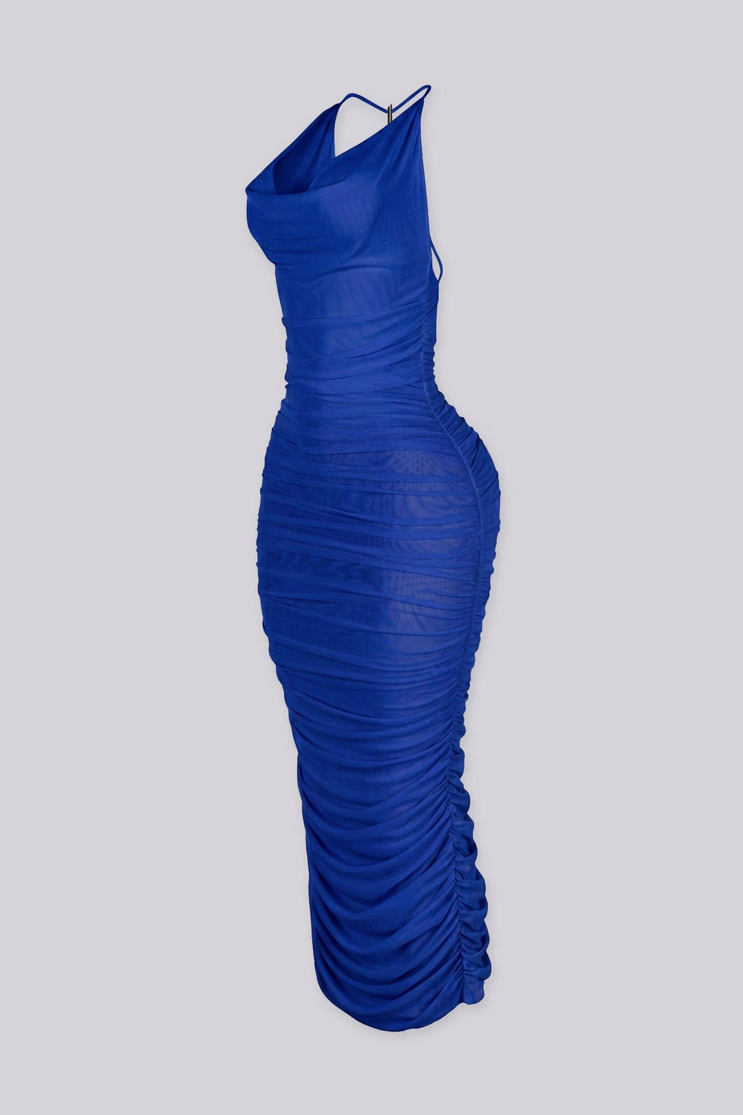 Halter mesh ruched midi dress featuring accent metal detailing at back
