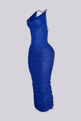 Halter mesh ruched midi dress featuring accent metal detailing at back