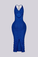 Halter mesh ruched midi dress featuring accent metal detailing at back