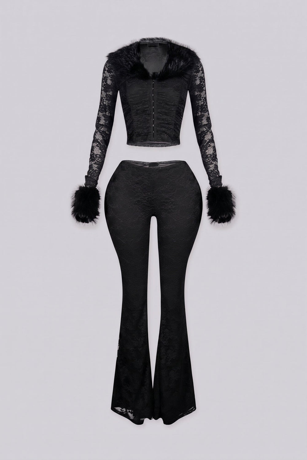 Ruched bodice lace crop top with a faux fur collar and cuffs featuring unlined lace sleeves and a front hook closure