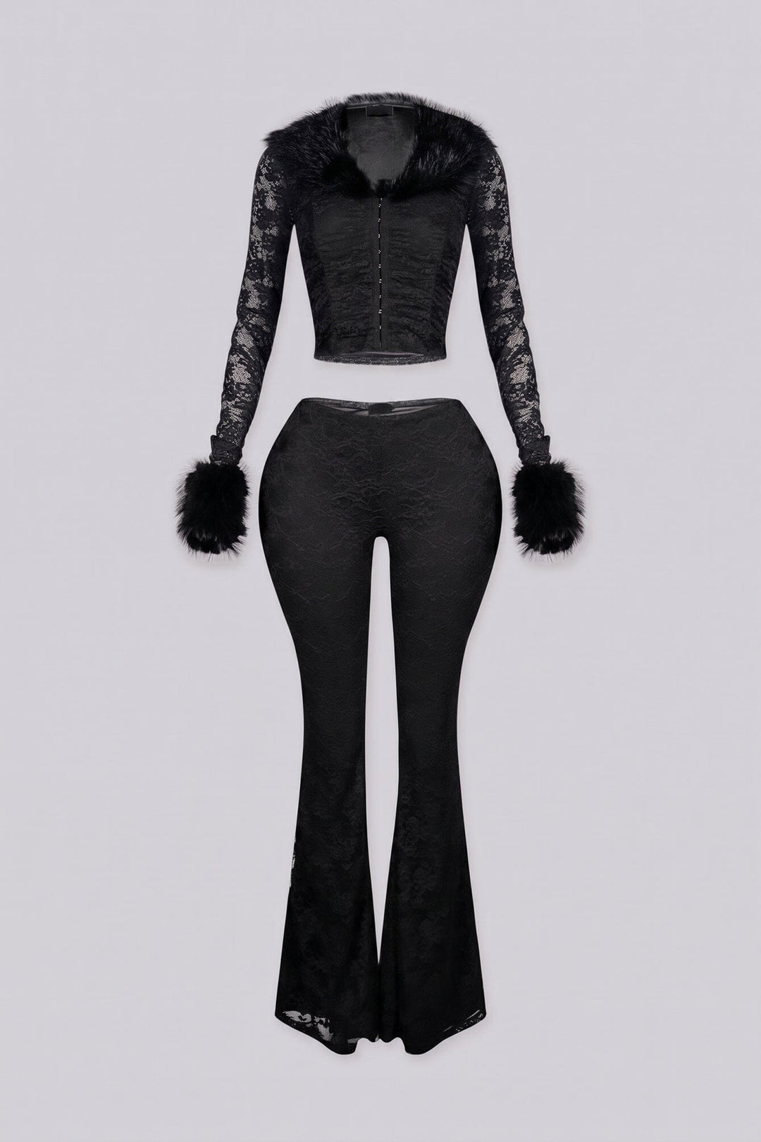 Ruched bodice lace crop top with a faux fur collar and cuffs featuring unlined lace sleeves and a front hook closure