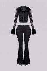 Ruched bodice lace crop top with a faux fur collar and cuffs featuring unlined lace sleeves and a front hook closure