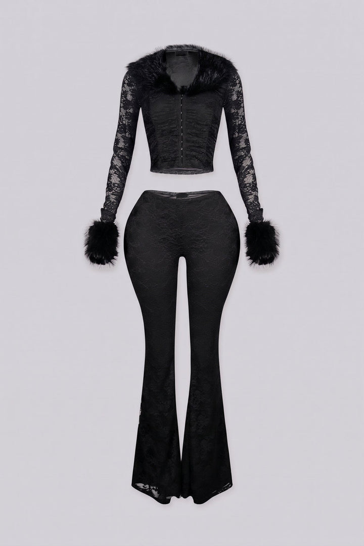 Ruched bodice lace crop top with a faux fur collar and cuffs featuring unlined lace sleeves and a front hook closure