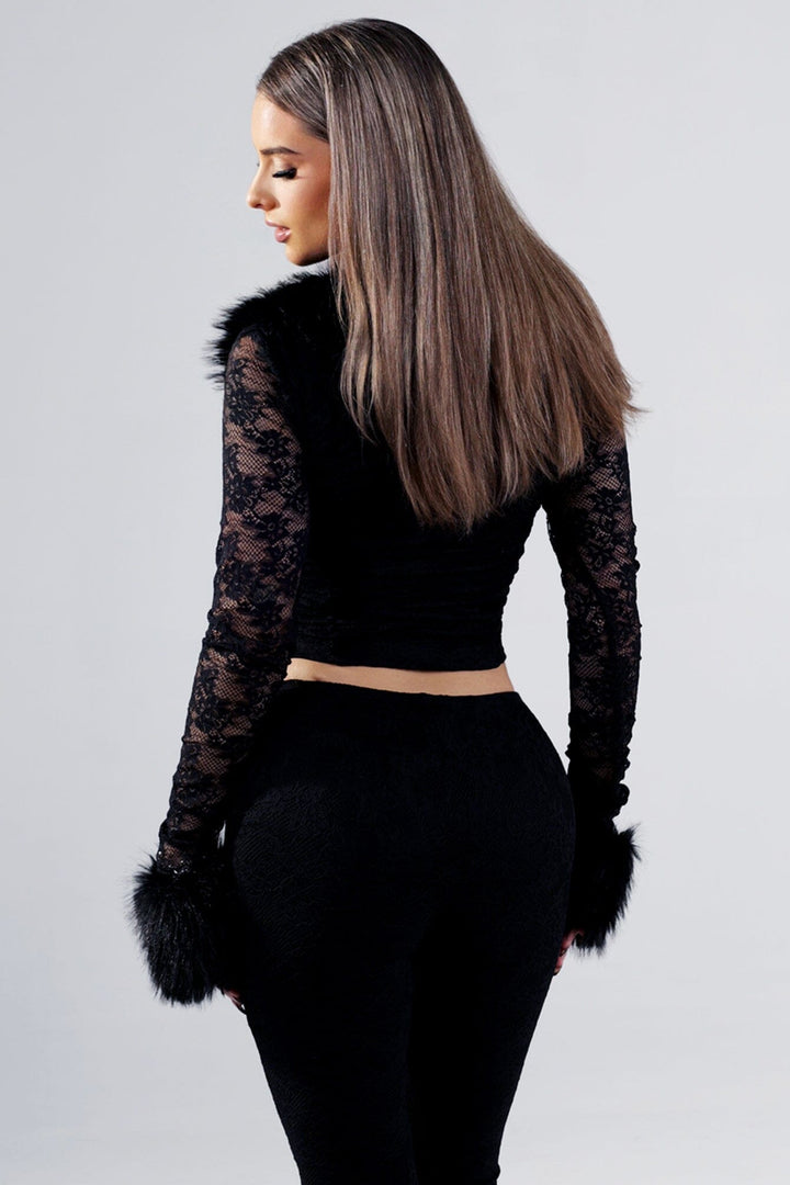 Thora Fur Trim Lace Top &amp; Flare Pants SET