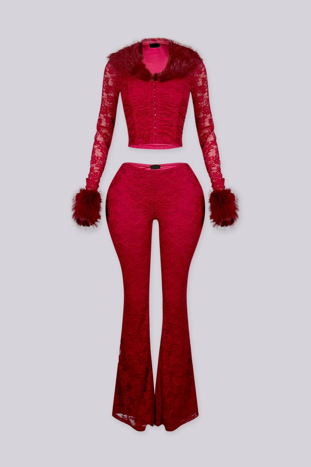 Ruched bodice lace crop top with a faux fur collar and cuffs featuring unlined lace sleeves and a front hook closure