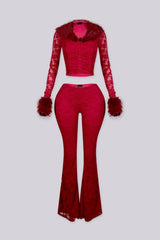 Ruched bodice lace crop top with a faux fur collar and cuffs featuring unlined lace sleeves and a front hook closure