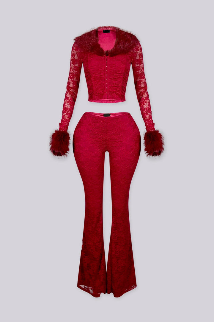 Ruched bodice lace crop top with a faux fur collar and cuffs featuring unlined lace sleeves and a front hook closure