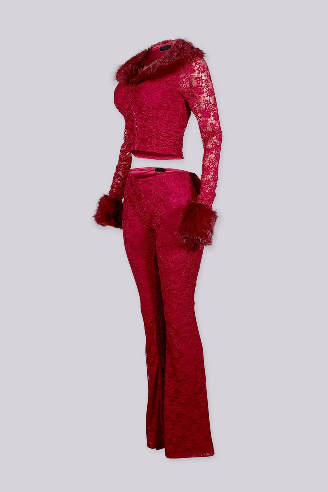 Thora Fur Trim Lace Top &amp; Flare Pants SET