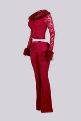 Thora Fur Trim Lace Top &amp; Flare Pants SET
