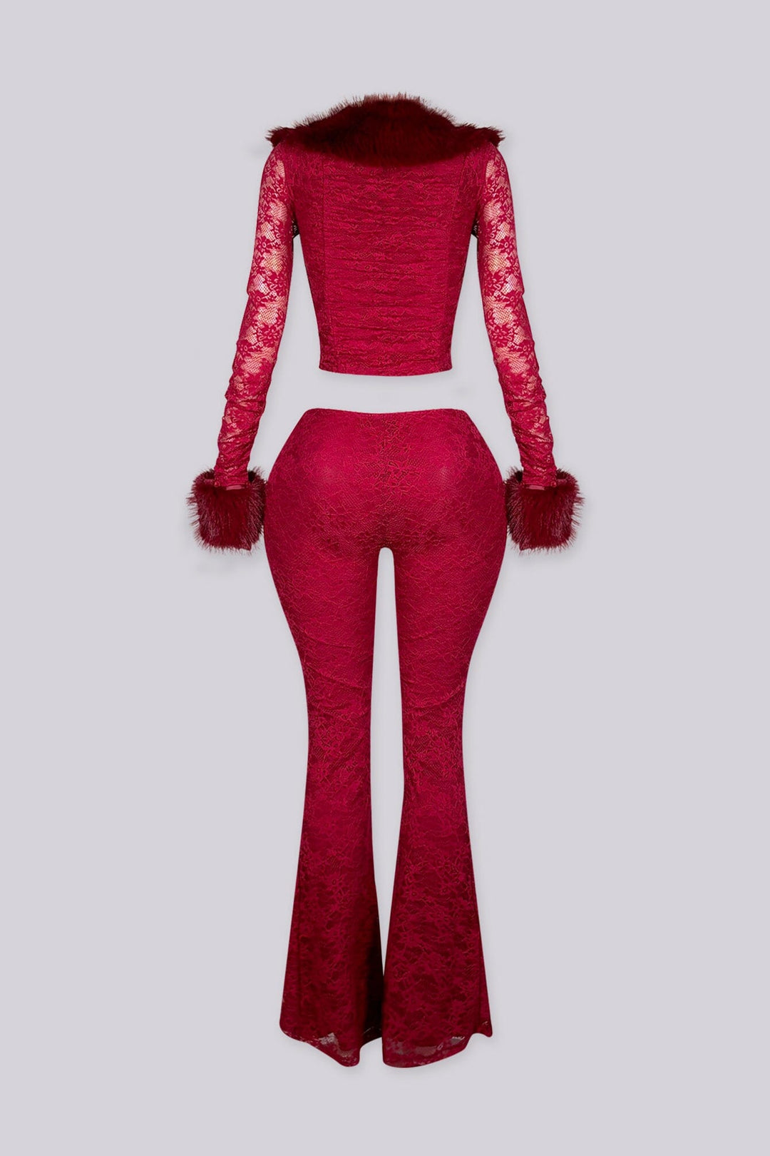 Thora Fur Trim Lace Top &amp; Flare Pants SET