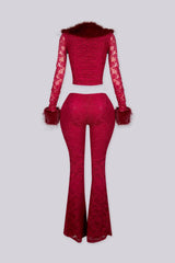Thora Fur Trim Lace Top &amp; Flare Pants SET