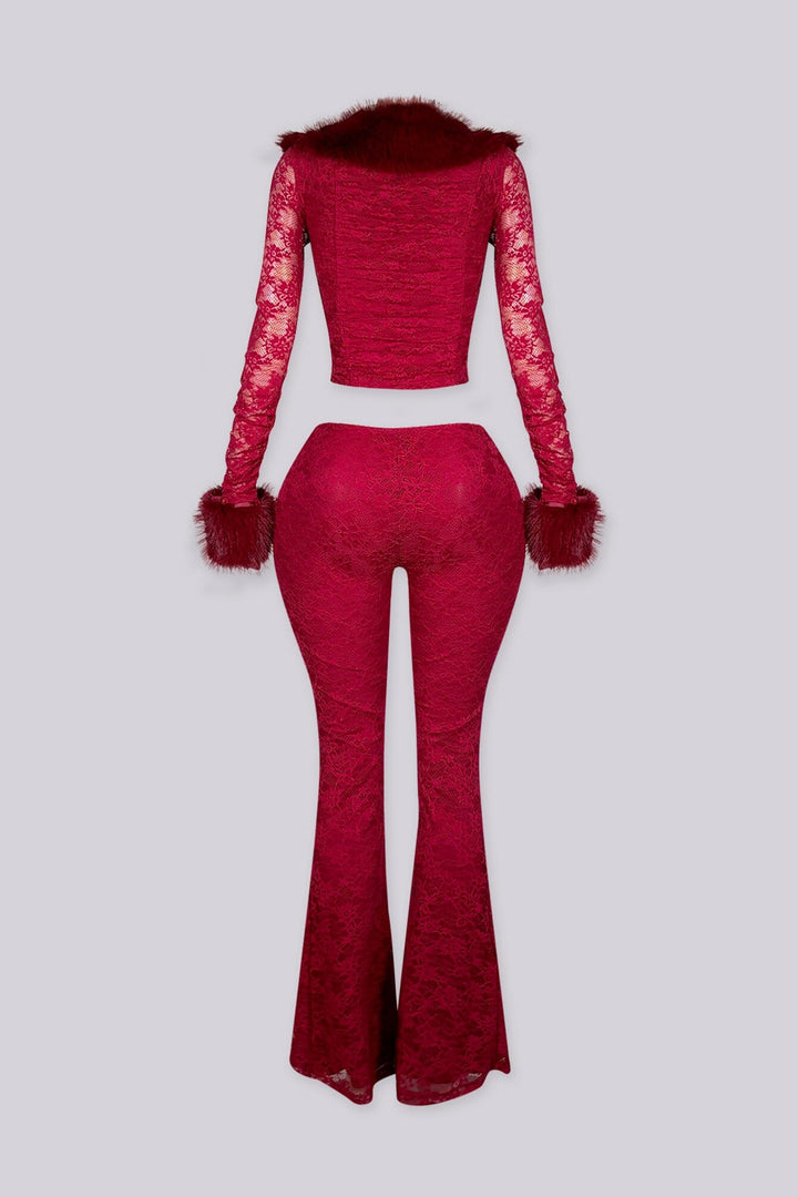 Thora Fur Trim Lace Top &amp; Flare Pants SET