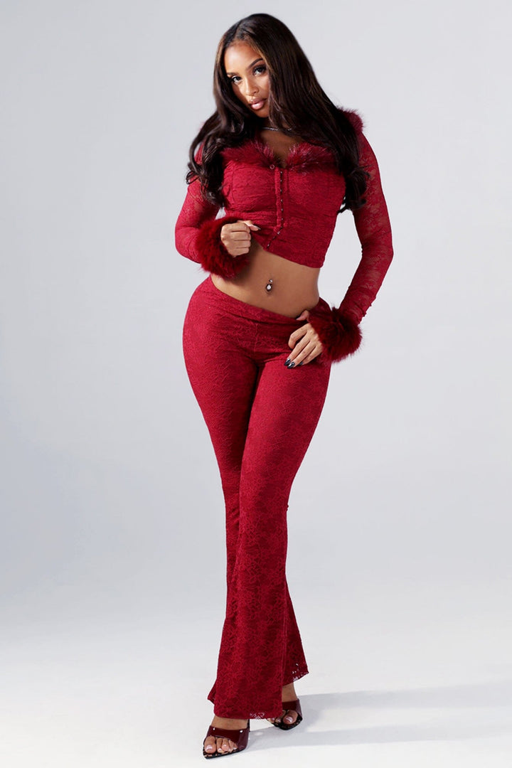 Ruched bodice lace crop top with a faux fur collar and cuffs featuring unlined lace sleeves and a front hook closure