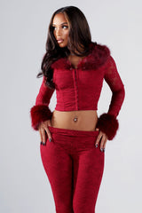 Thora Fur Trim Lace Top &amp; Flare Pants SET