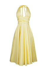 EDGE — lemon yellow poplin halter neck midi dress, front view flat lay
