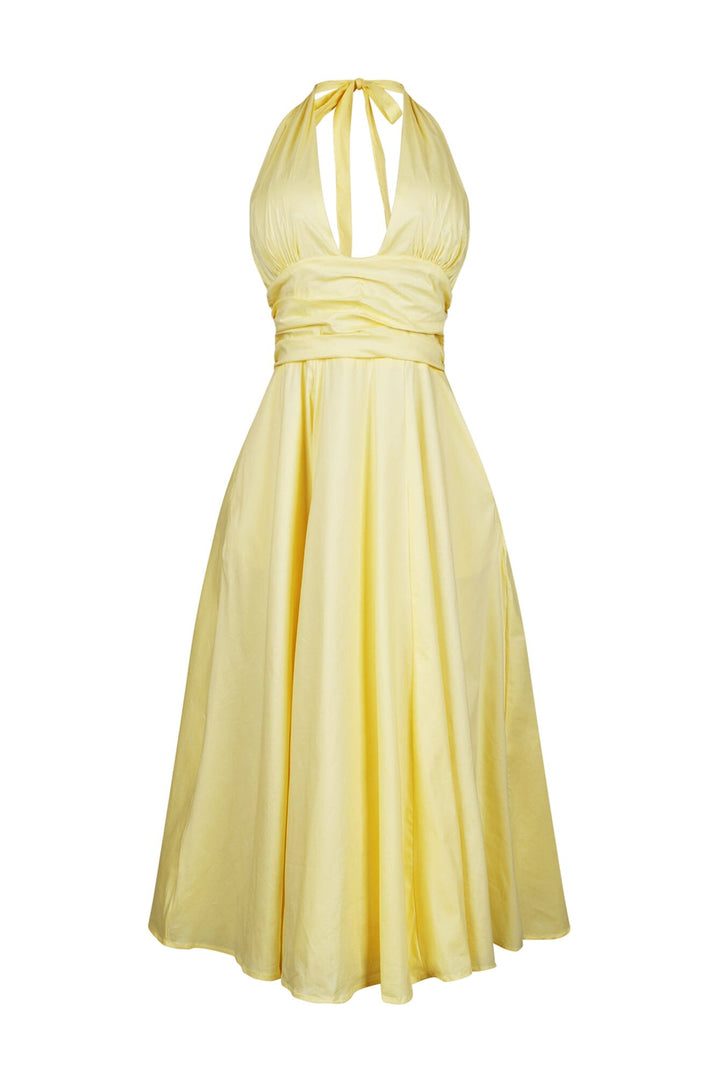 EDGE — lemon yellow poplin halter neck midi dress, front view flat lay