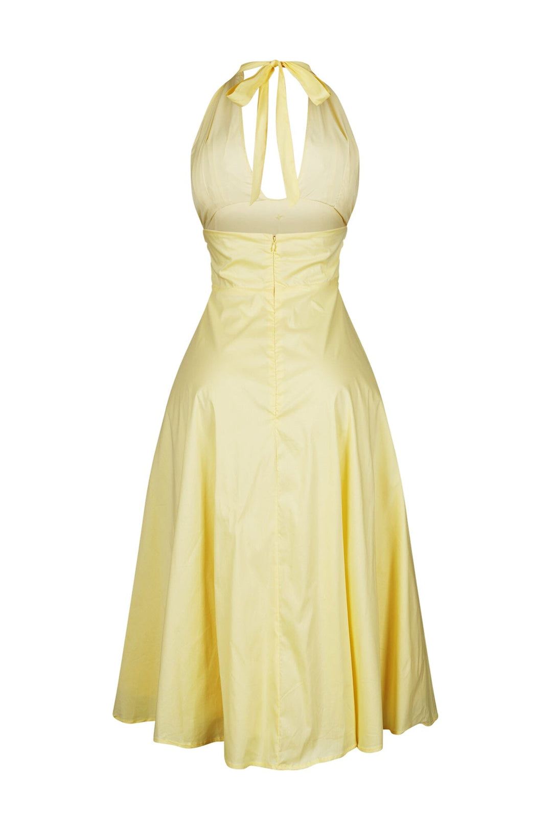 EDGE — lemon yellow poplin halter neck midi dress, back view flat lay
