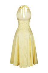 EDGE — lemon yellow poplin halter neck midi dress, back view flat lay
