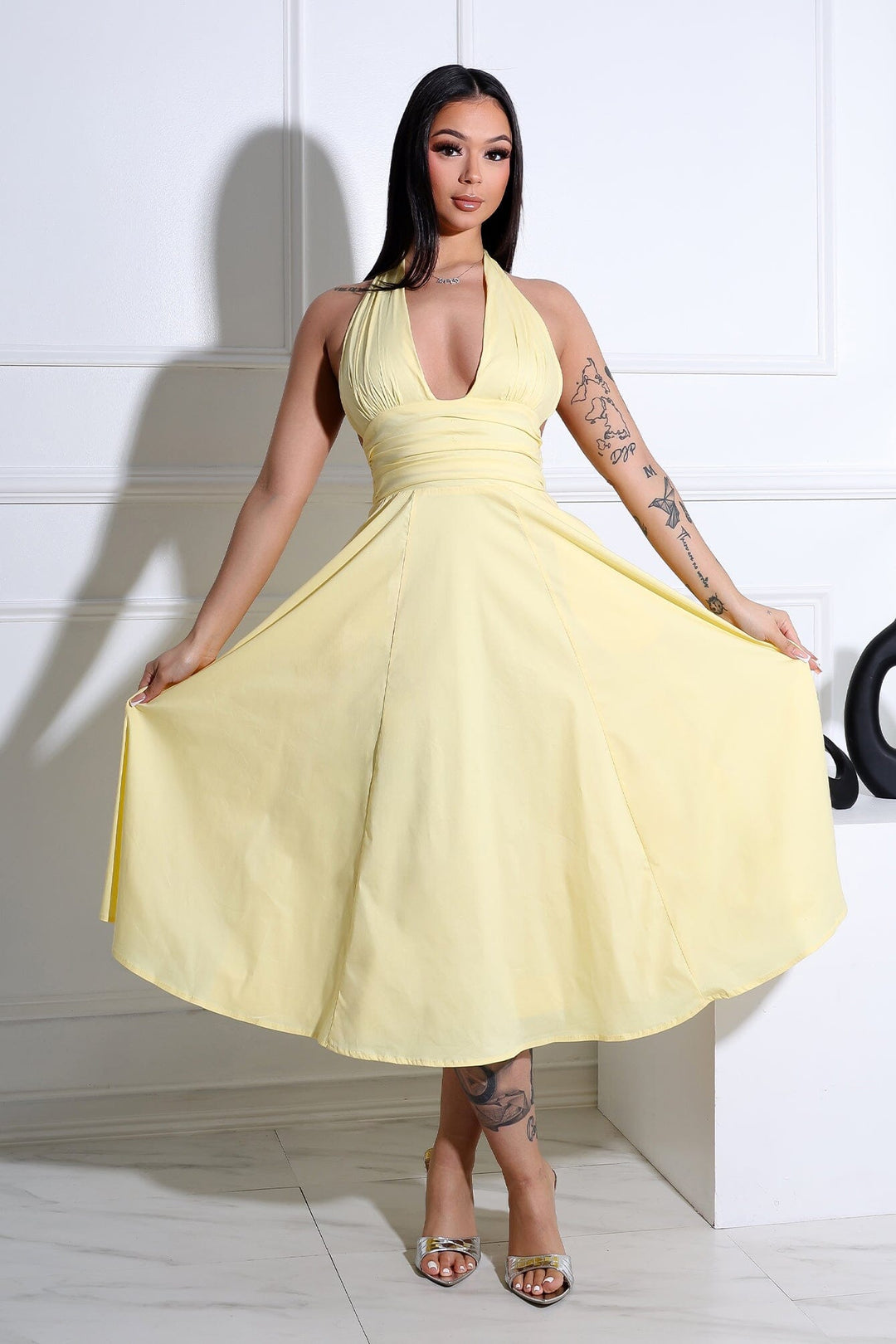 EDGE — lemon yellow poplin halter neck midi dress with a ruched waist and full flared skirt, front view on model