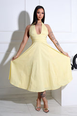 EDGE — lemon yellow poplin halter neck midi dress with a ruched waist and full flared skirt, front view on model