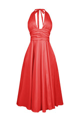 EDGE — tomato red poplin halter neck midi dress, front view flat lay