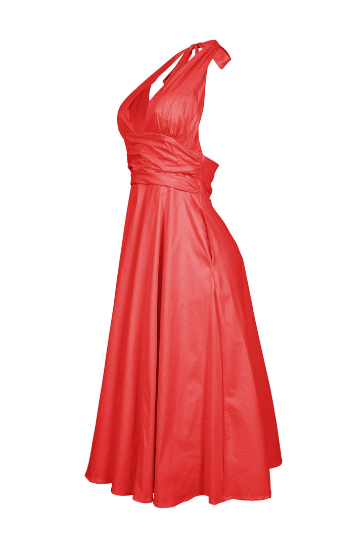 EDGE — tomato red poplin halter neck midi dress, side view flat lay