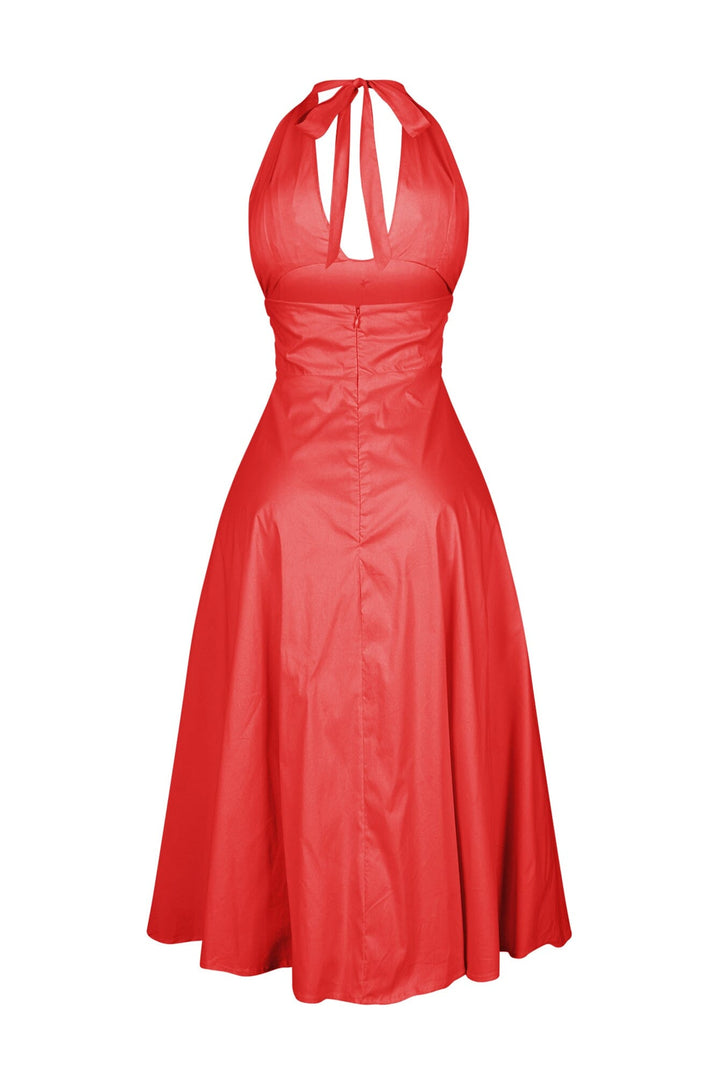 EDGE — tomato red poplin halter neck midi dress, back view flat lay