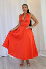 EDGE — tomato red poplin halter neck midi dress with a ruched waist, close-up front view on model