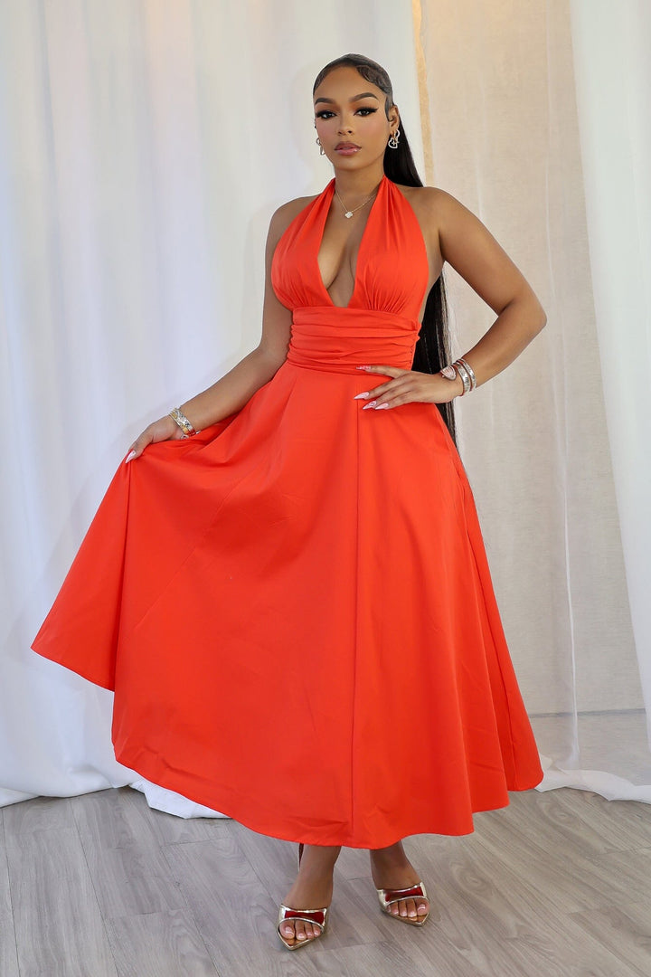 EDGE — tomato red poplin halter neck midi dress with a ruched waist, close-up front view on model
