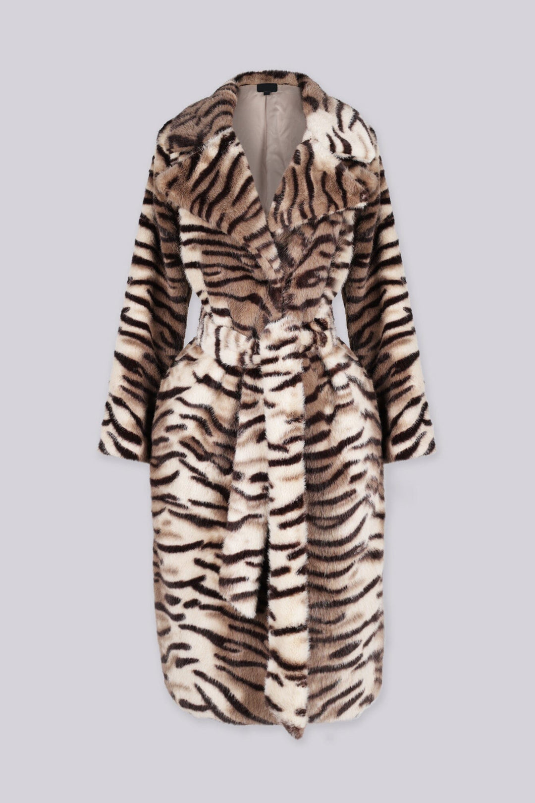 Midi length soft faux fur wrap coat with open front and oversized shawl collar
