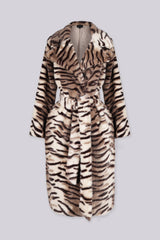 Midi length soft faux fur wrap coat with open front and oversized shawl collar