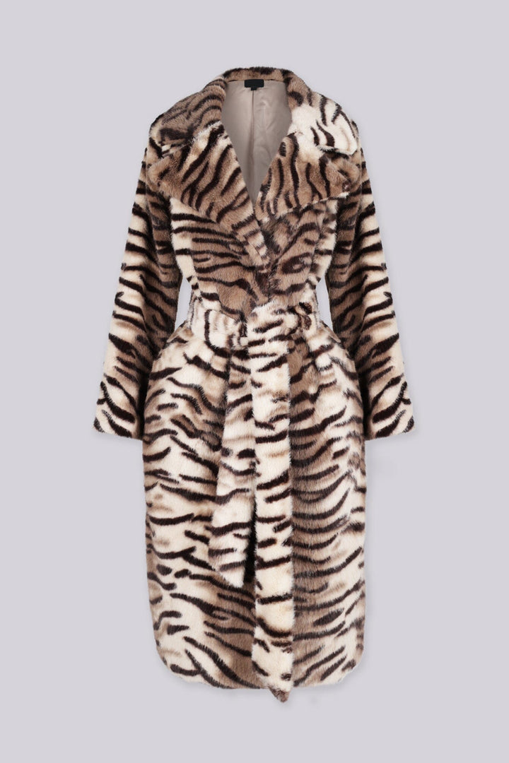 Midi length soft faux fur wrap coat with open front and oversized shawl collar
