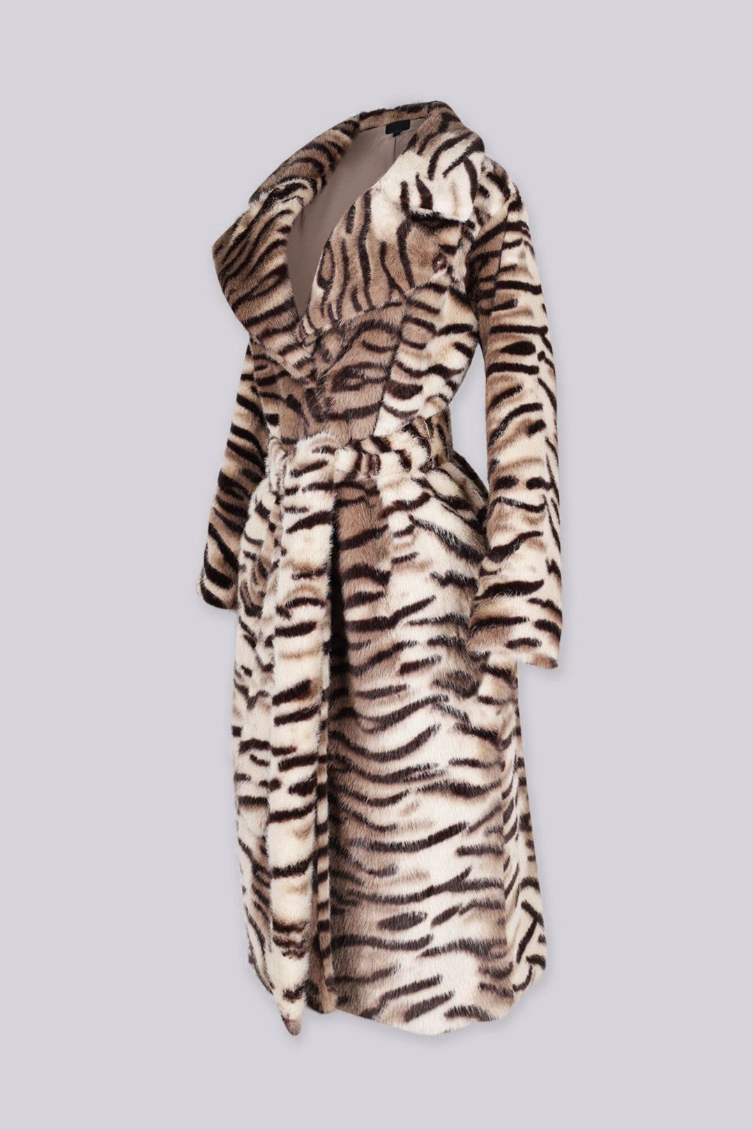 Tigra Tiger Stripe Faux Fur Belted Coat