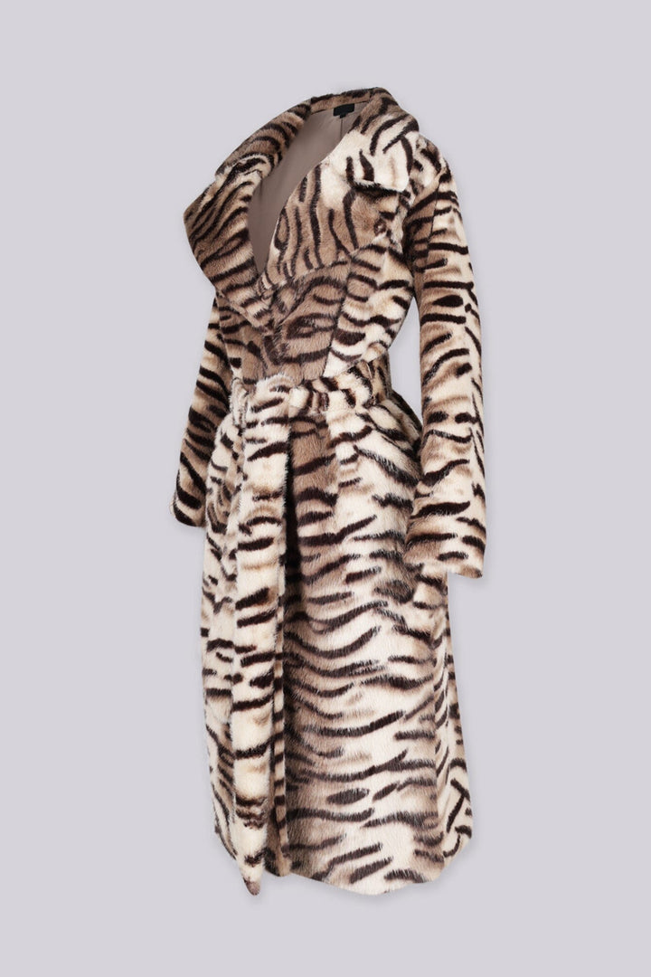 Tigra Tiger Stripe Faux Fur Belted Coat