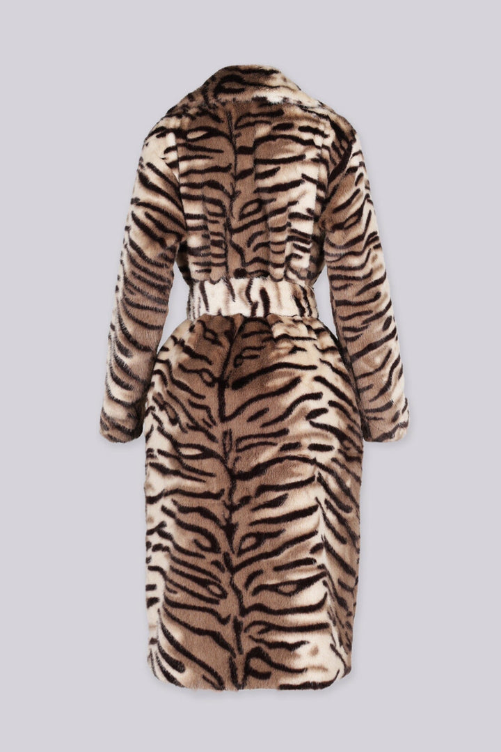 Tigra Tiger Stripe Faux Fur Belted Coat