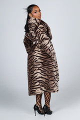 Midi length soft faux fur wrap coat with open front and oversized shawl collar