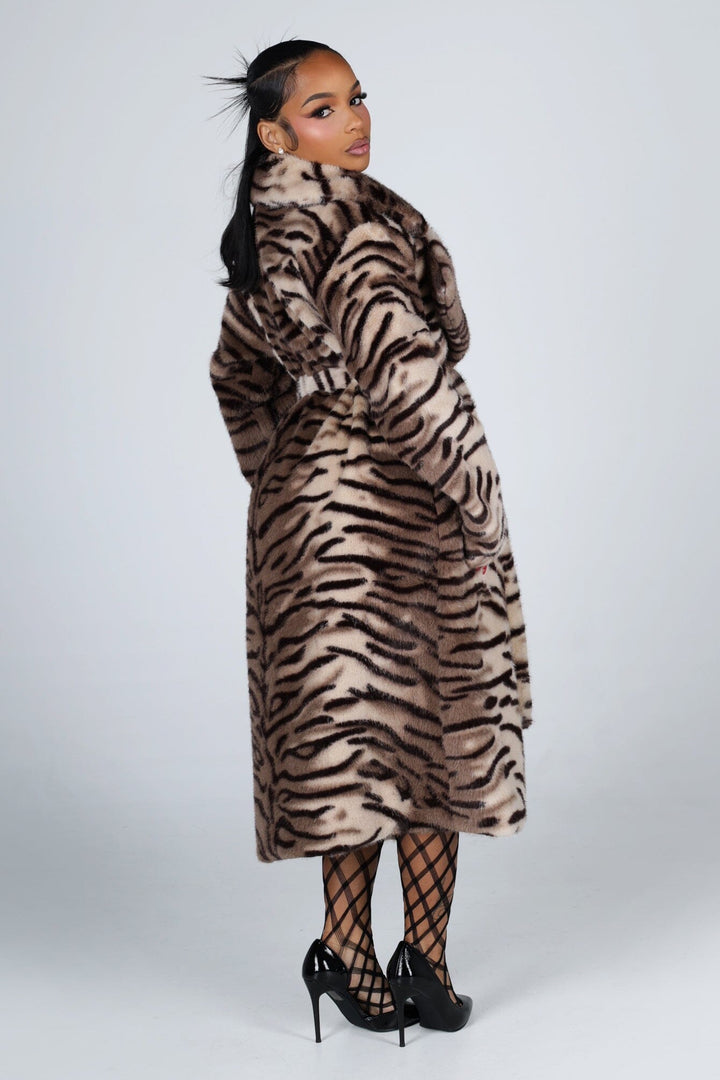 Midi length soft faux fur wrap coat with open front and oversized shawl collar
