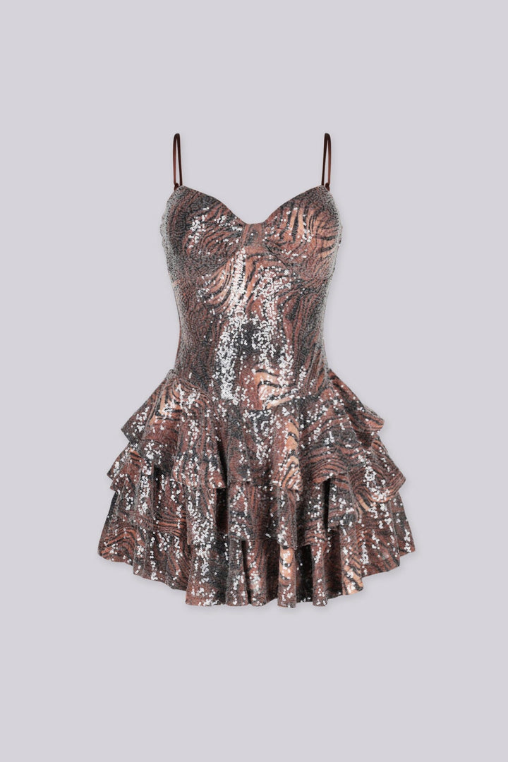 Fitted mini dress with adjustable spaghetti straps and lace up back and tiered ruffle skirt