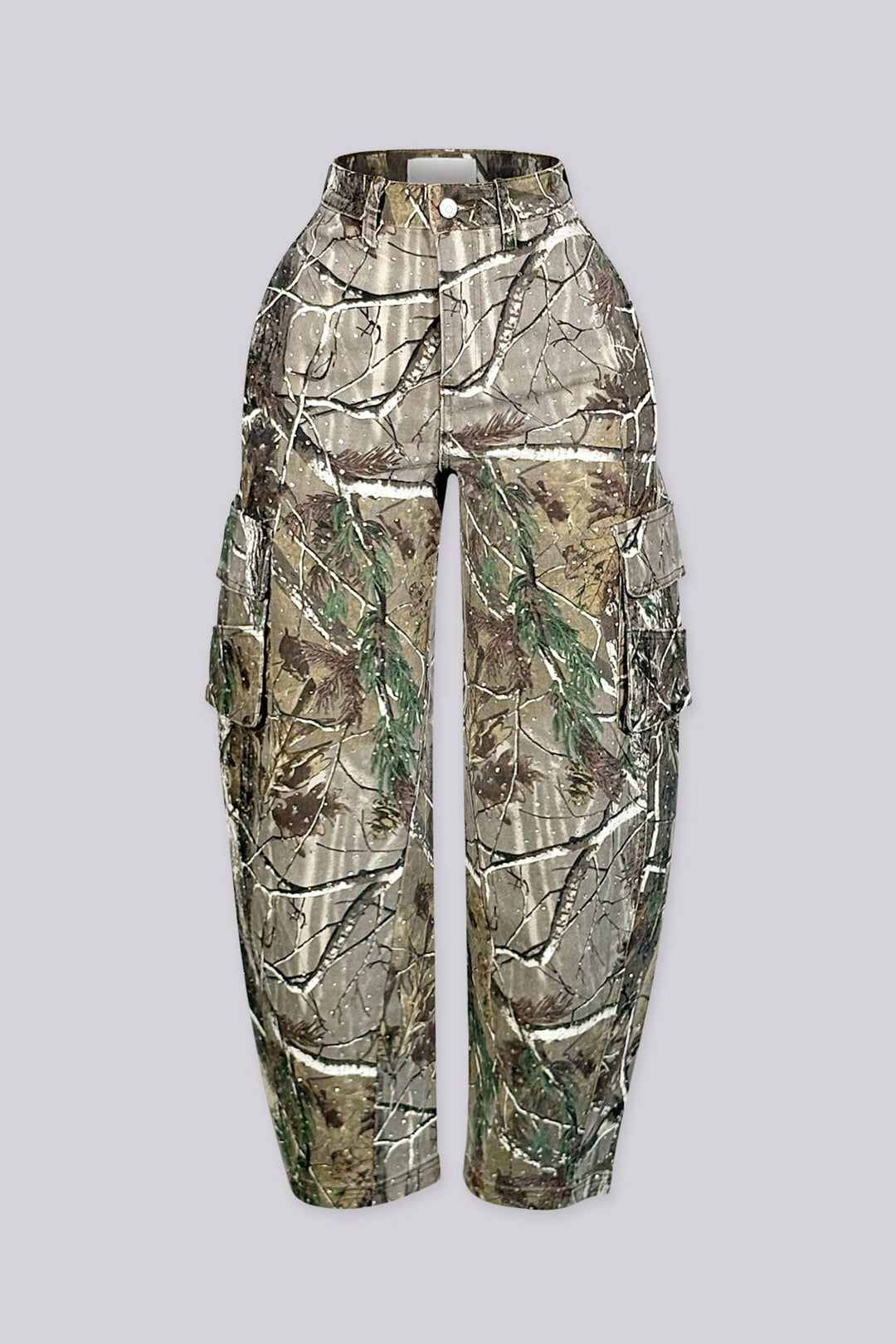 Wide leg balloon cargo pants with front and back flap pockets featuring camouflage print with rhinestone