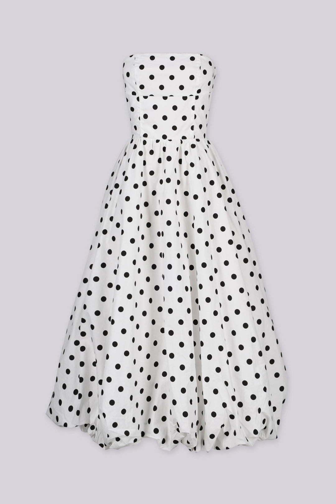 Strapless tube top style polkadot midi dress featuring bubble hem flare detail, Double hem lining