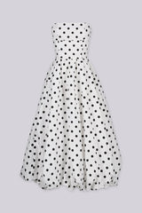 Strapless tube top style polkadot midi dress featuring bubble hem flare detail, Double hem lining