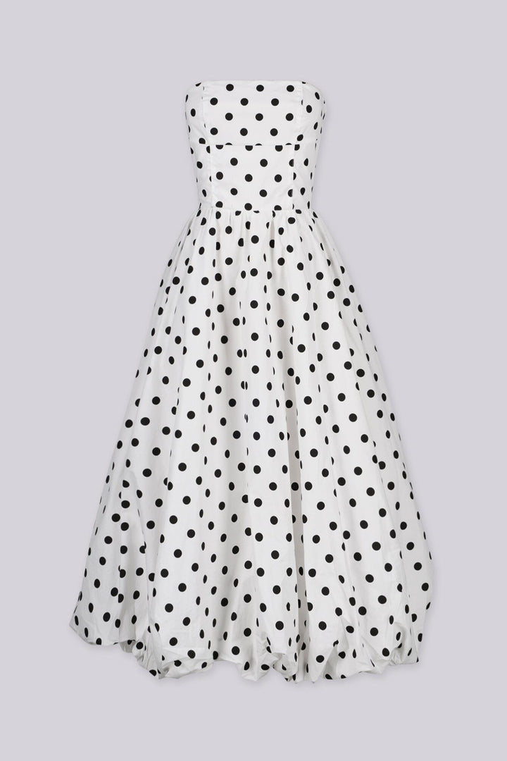 Strapless tube top style polkadot midi dress featuring bubble hem flare detail, Double hem lining