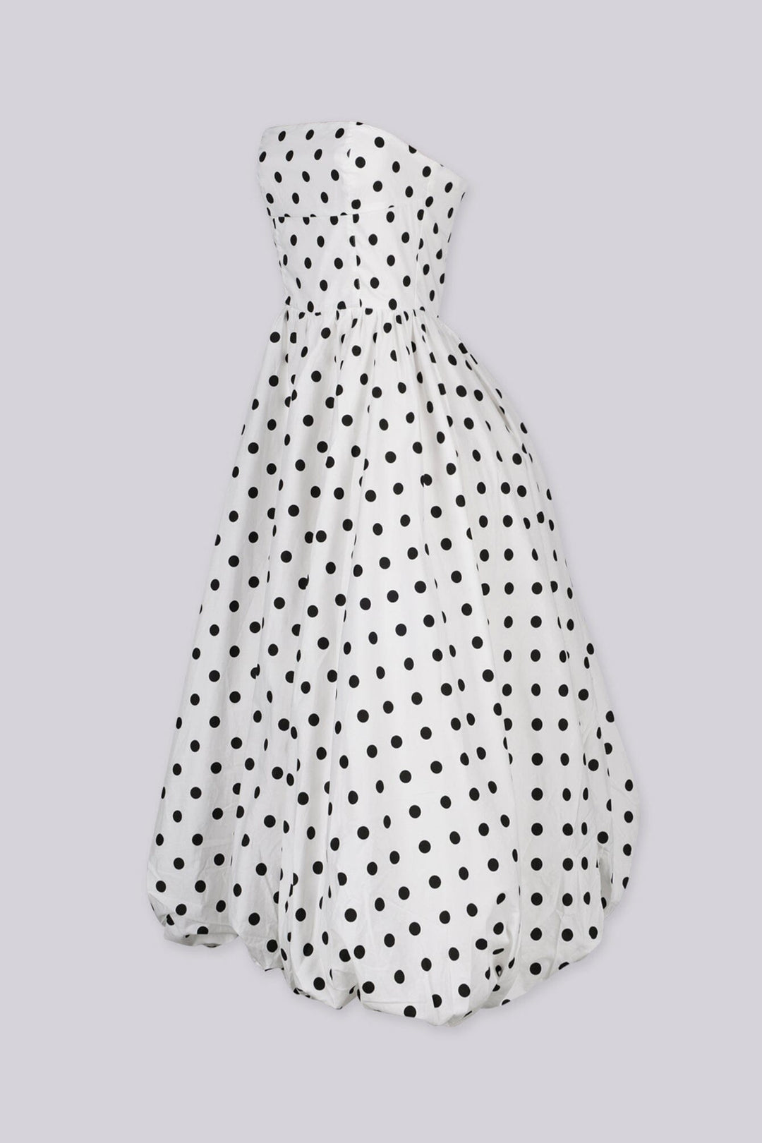 Strapless tube top style polkadot midi dress featuring bubble hem flare detail, Double hem lining